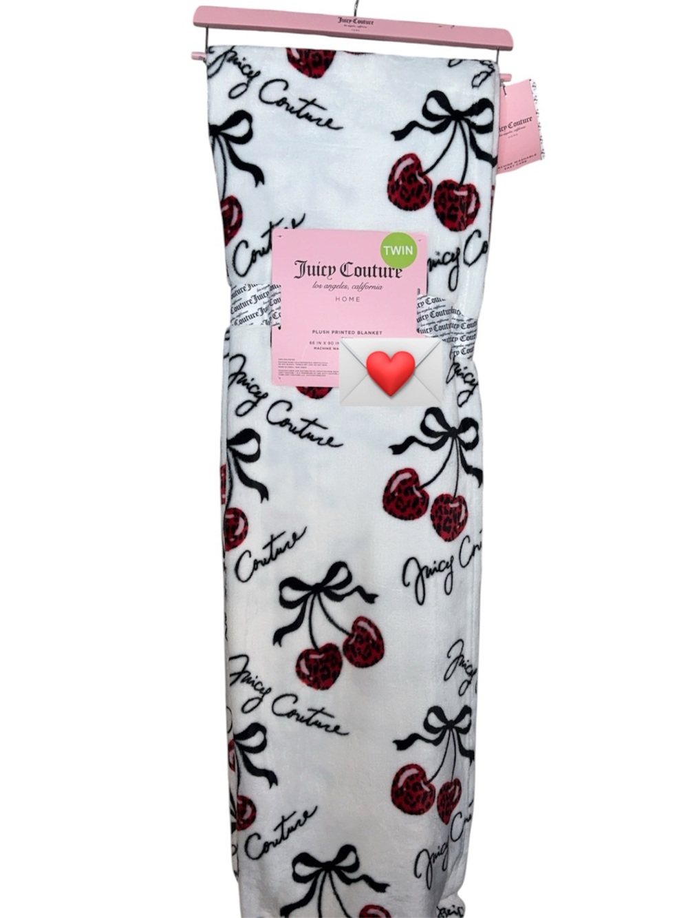 Juicy Couture White Plush Blanket with Red Cherry Print